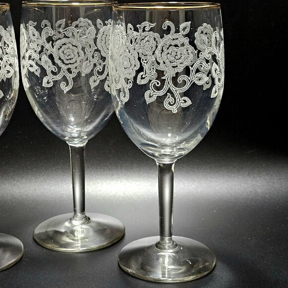 3 Libbey Rose Etching Water Glasses 7" floral scrolls gold trim 1970s romantic e - Picture 2 of 8
